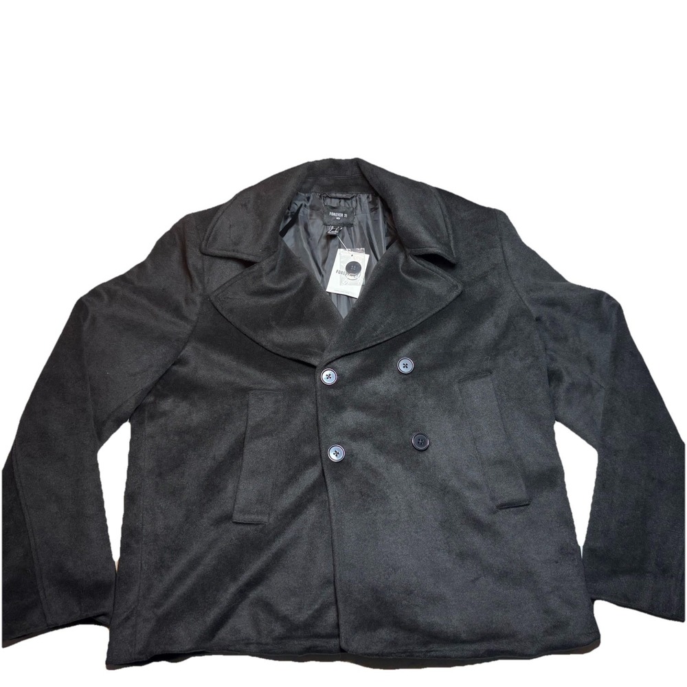 Mens Peacoat Jacket Large Black Double Breasted New With Tags Forever 21